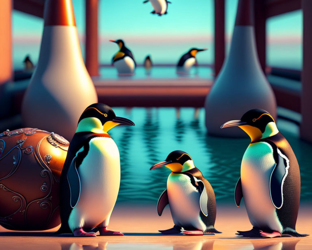 Penguins in surreal indoor scene with vases and arches, bird flying outside