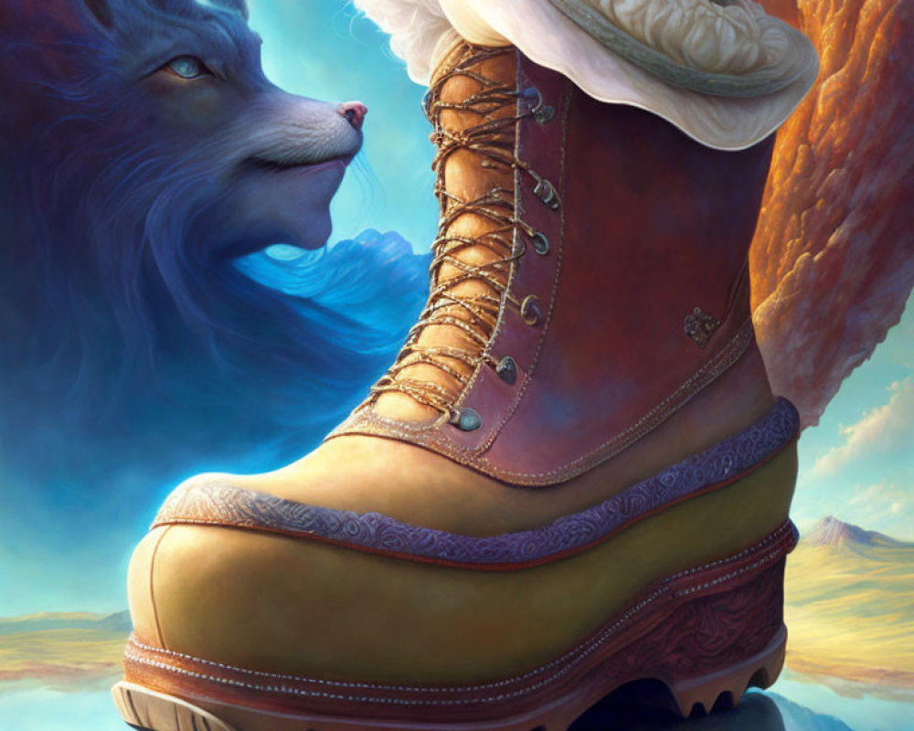 Detailed digital artwork of a brown boot with a fantastical blue wolf and surreal sky