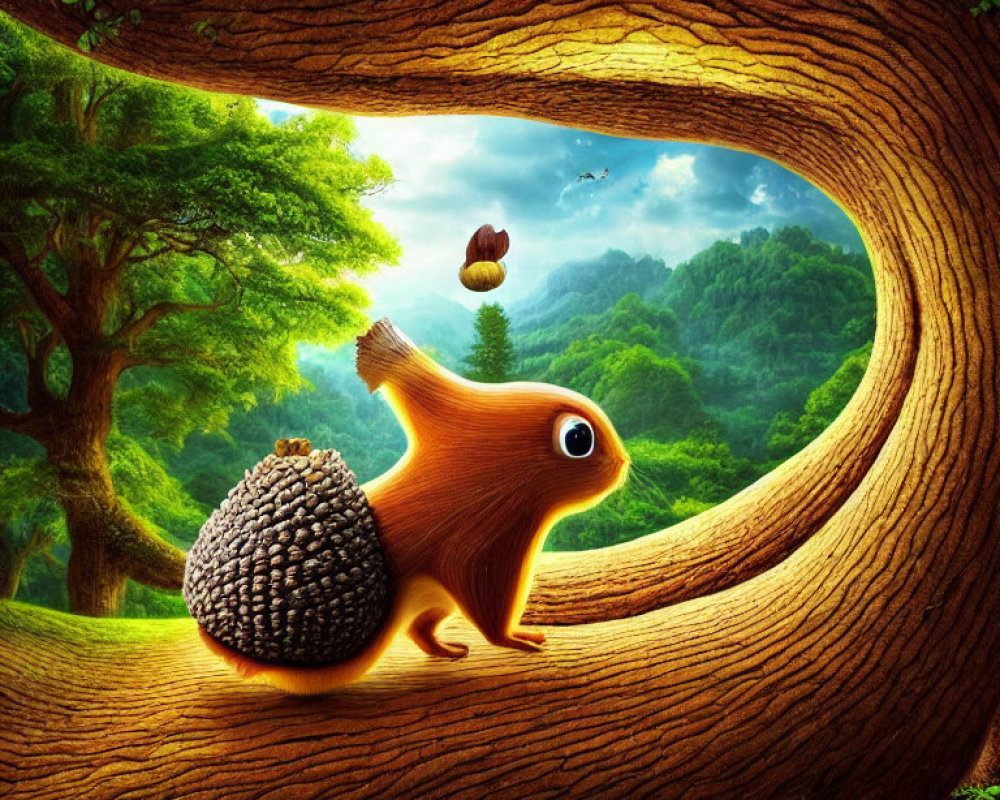 Illustration of large-eyed squirrel leaping with acorn-textured back in forest scene