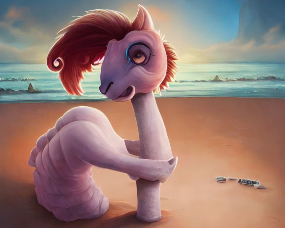 Whimsical horse-headed creature with spiral shell body on beach at sunset