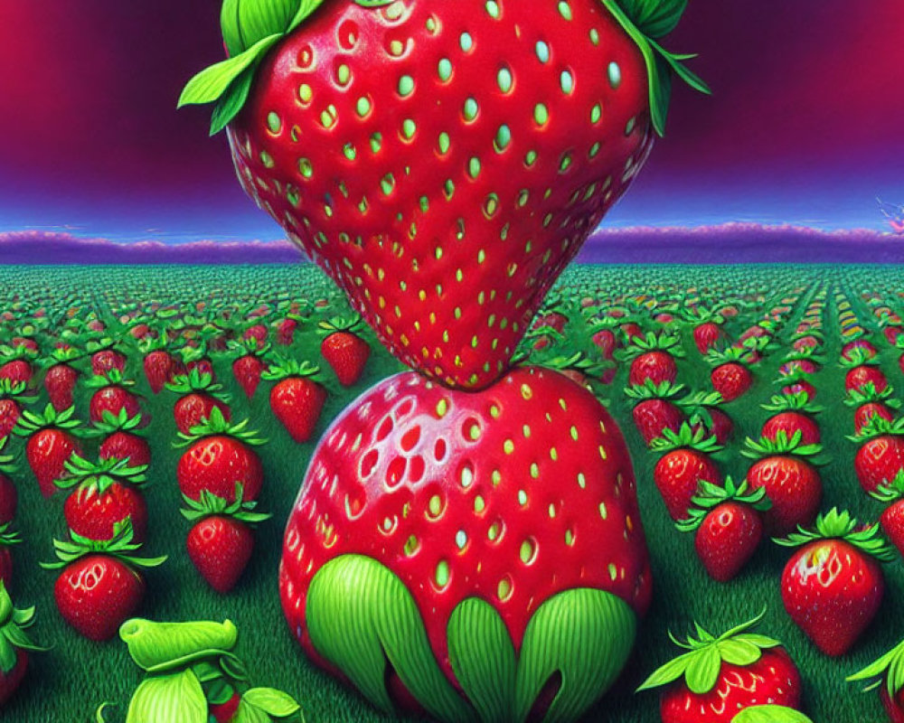 Colorful digital artwork: Oversized strawberry in a field of normal-sized strawberries under a purple sky