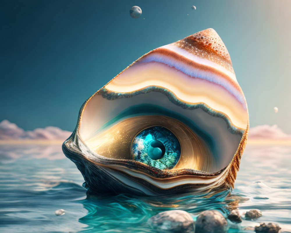 Colorful surreal image of an eye in open seashell with floating droplets on blue aquatic background