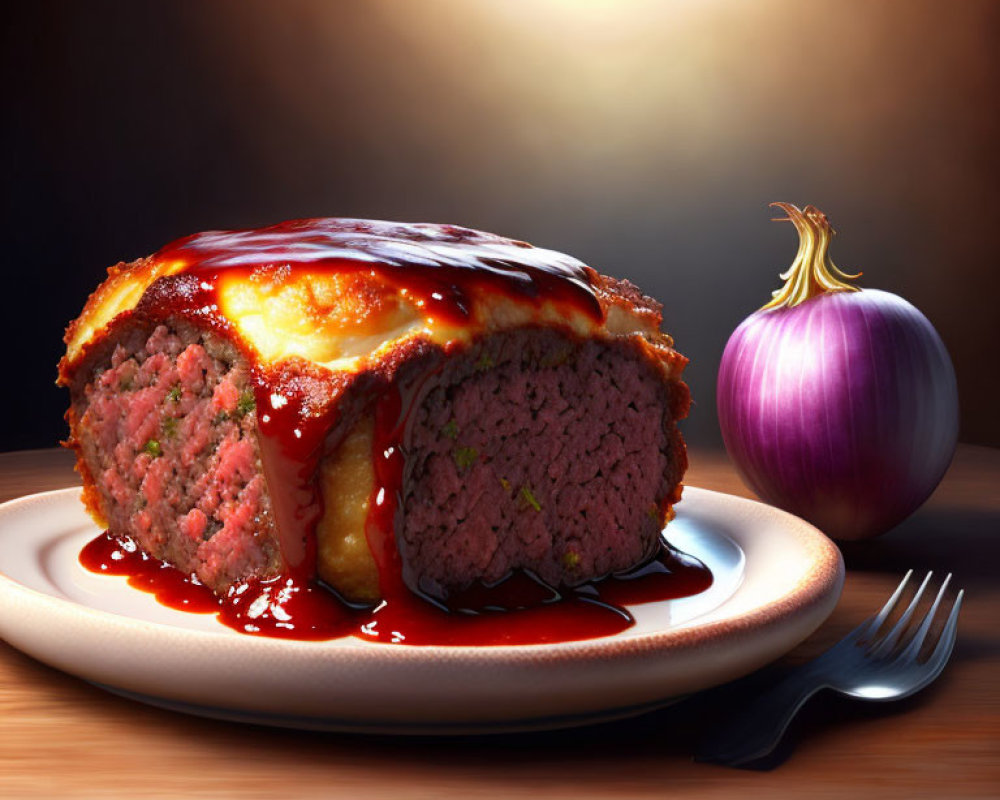 Homestyle meatloaf with ketchup, mashed potatoes, and onion on plate