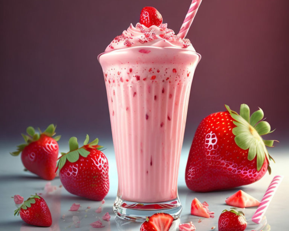 Pink Strawberry Milkshake with Whipped Cream and Fresh Berries on Reflective Surface