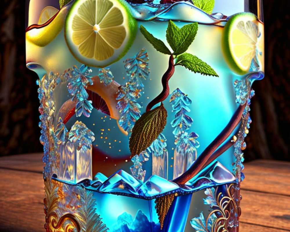 Colorful Cocktail Glass with Ice, Mint, Lime, and Berries