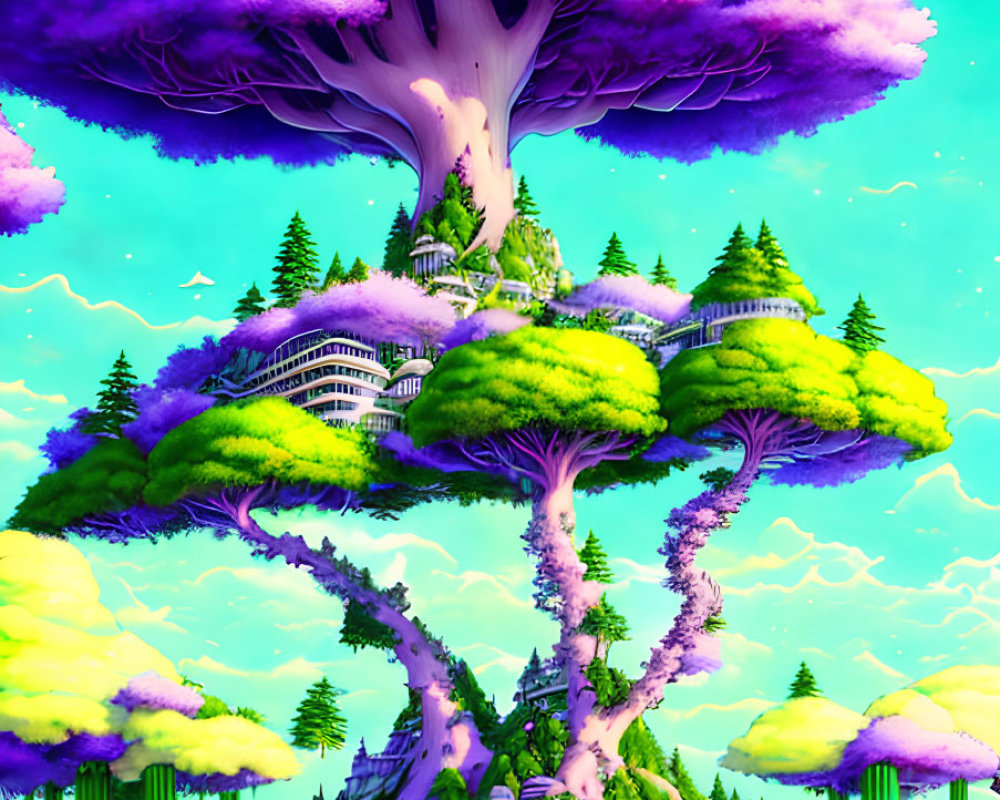 Vivid digital artwork: Massive tree structures with lush greenery and fantastical architecture