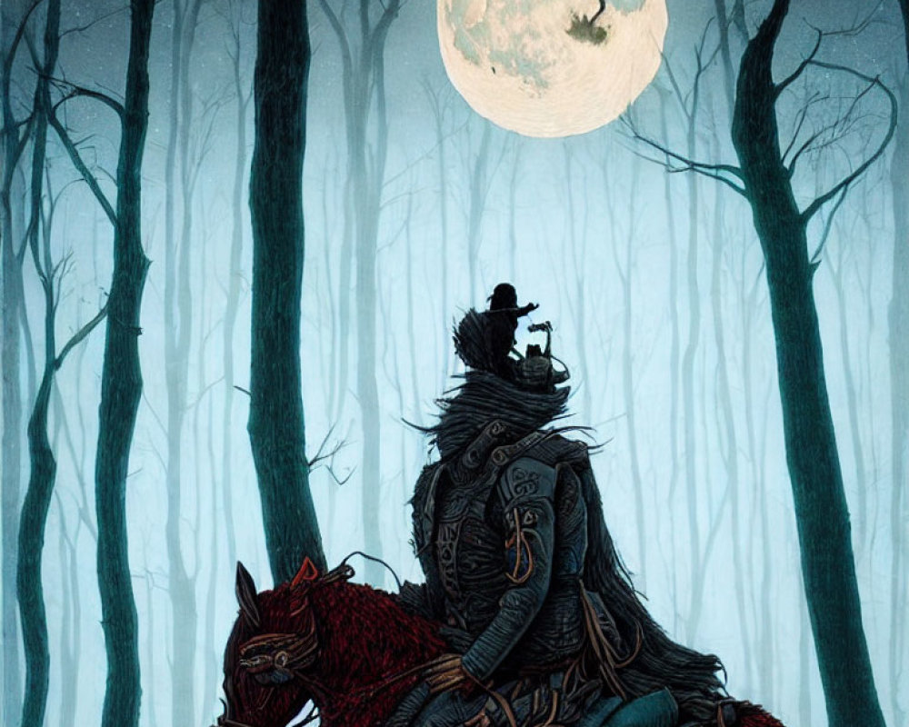 Knight on Red Horse in Dark Forest with Cat and Owl under Full Moon