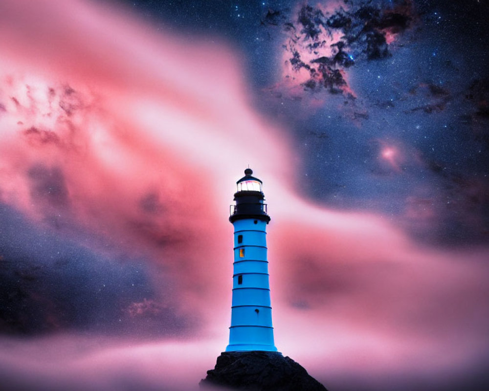 Dramatic night sky with striking lighthouse