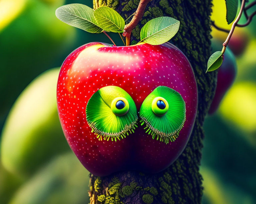 Digitally altered image of red apple with cartoonish green eyes on tree