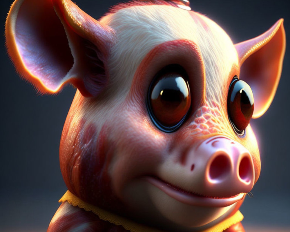 Detailed 3D Cartoon Pig Illustration with Expressive Eyes and Yellow Collar