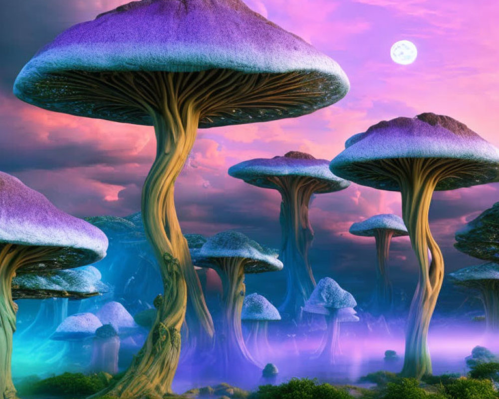 Fantastical landscape with oversized mushroom-like trees under a purple sky, small moon, ethereal mist