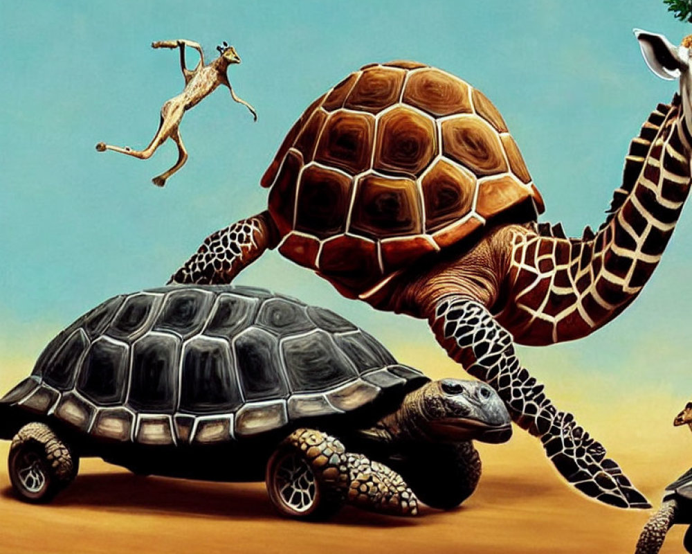 Whimsical illustration of giraffe-necked tortoise with tiny rider under blue sky