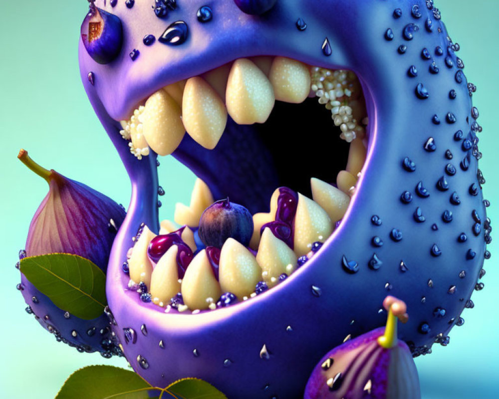 Blueberry character with sharp teeth eating figs on turquoise background