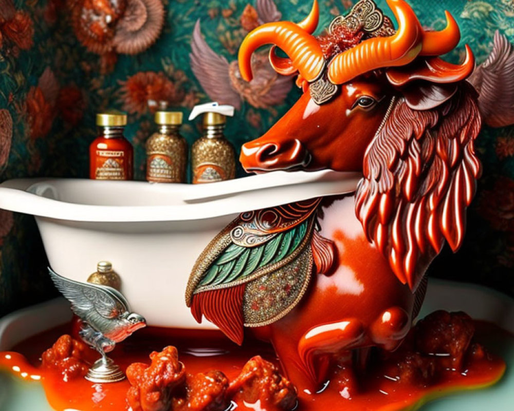 Colorful Bull with Ornate Decorations in Surreal Bathroom Setting