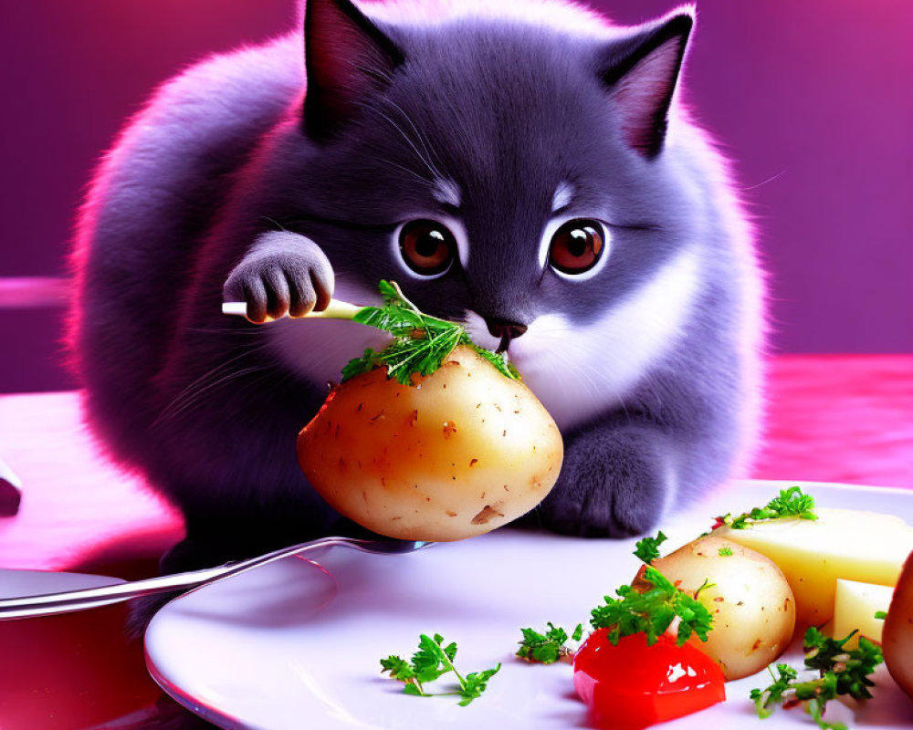 Fluffy Gray Kitten Playing with Potatoes and Herbs on White Plate