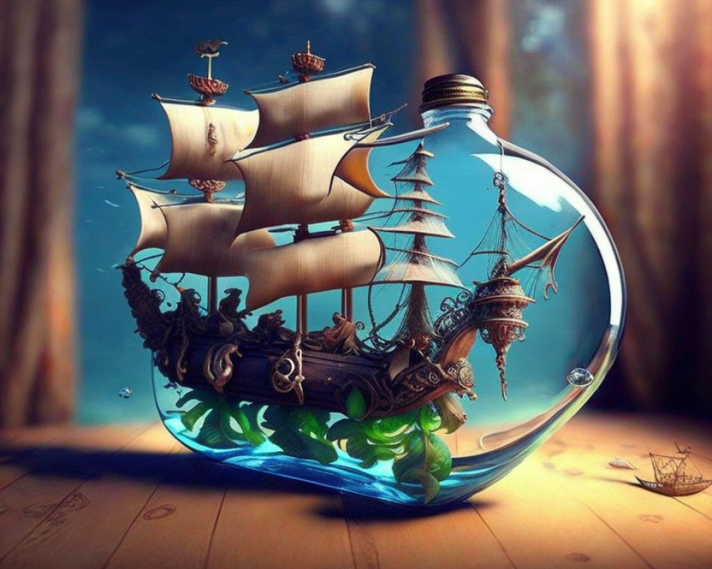 Detailed ship in full sail inside transparent bottle on wooden surface - artistic twist