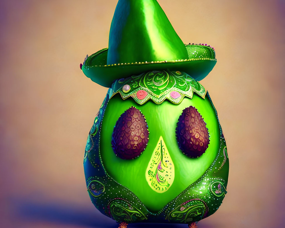 Anthropomorphic Avocado with Sombrero and Feet on Plain Background