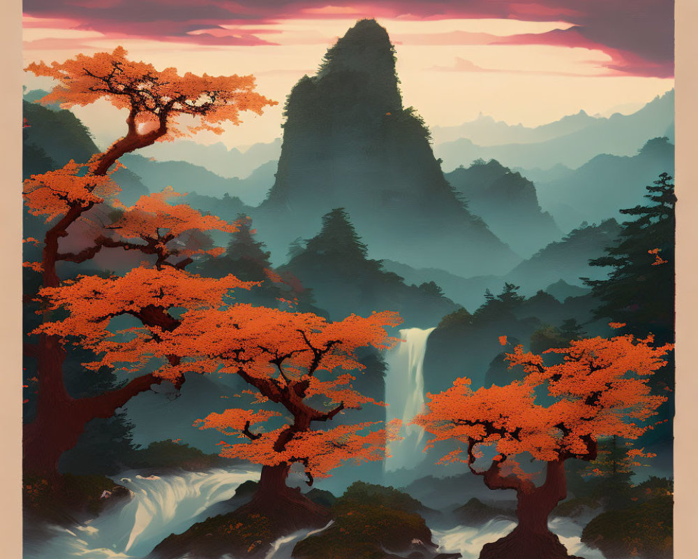 Vibrant landscape with orange trees, waterfall, green hills, and sunset sky