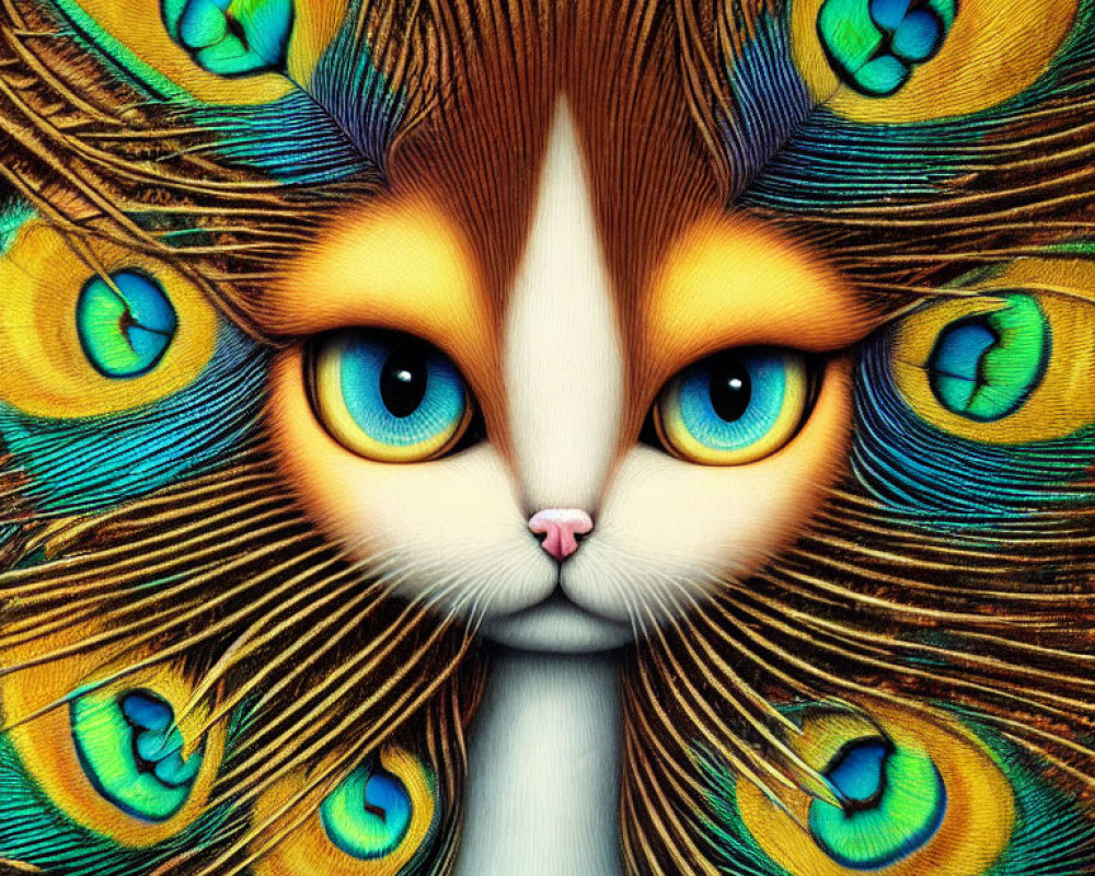 Colorful digital artwork: Cat with peacock feather ears & detailed fur pattern