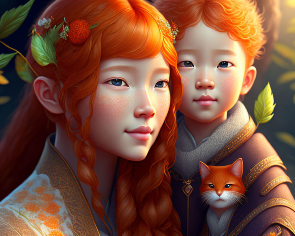 Digital art portrait of a girl and boy with long, braided red hair, wearing ornate clothes