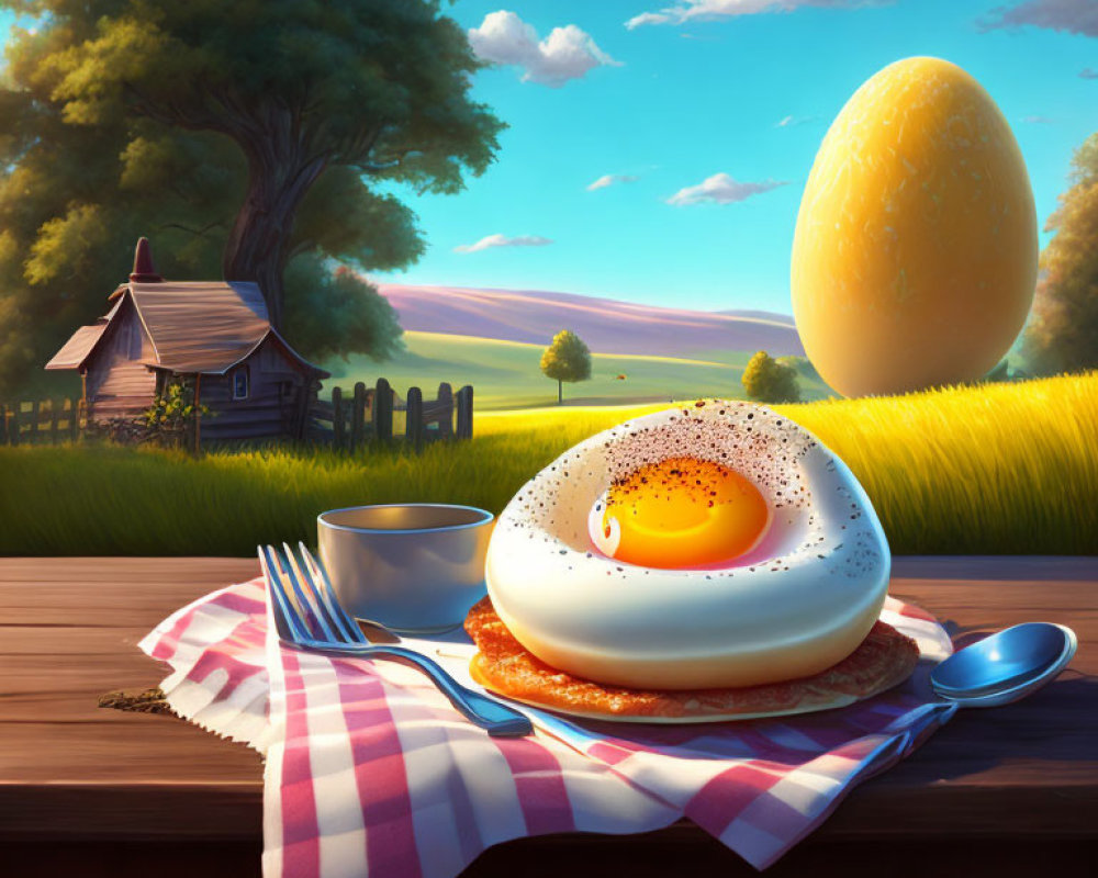 Surreal oversized fried egg on pancake with cutlery outdoors