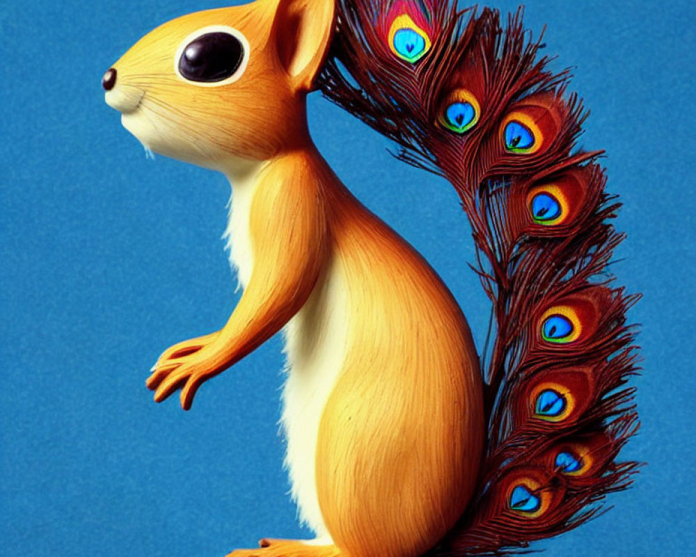 Whimsical creature: squirrel body with peacock tail on blue background