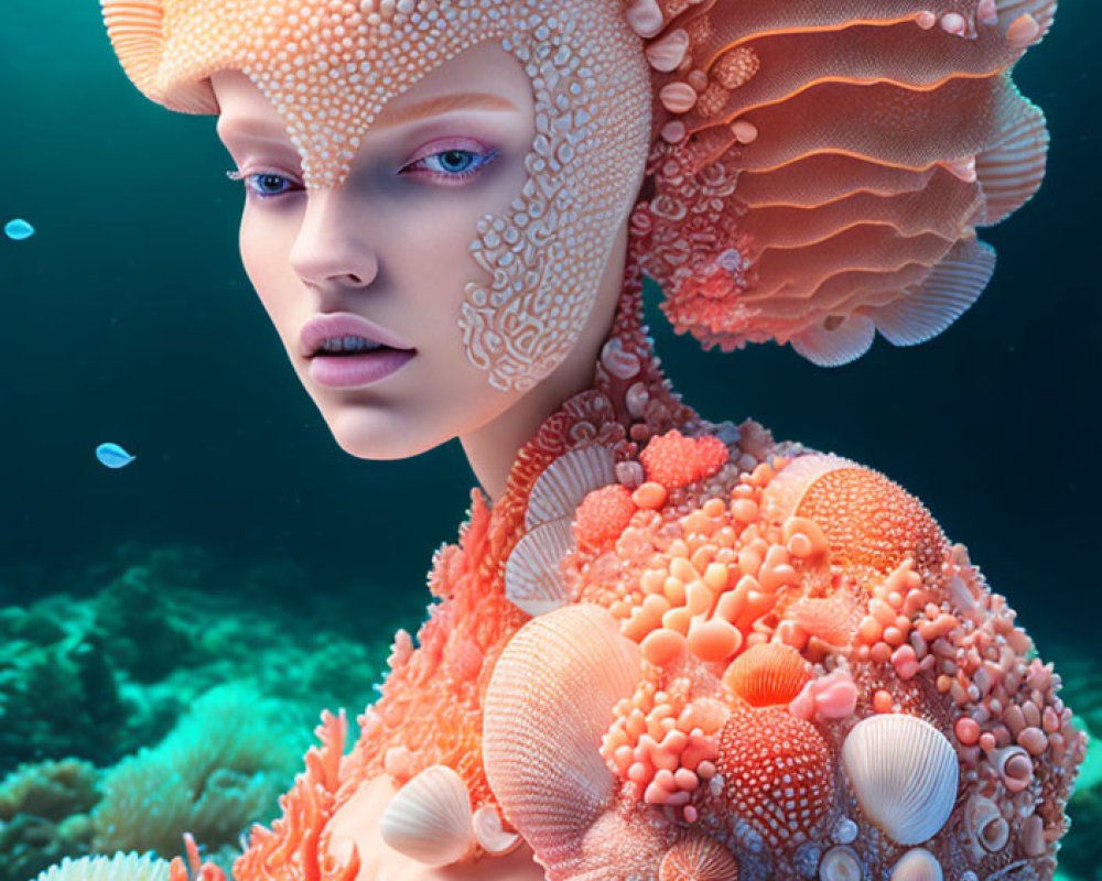 Surreal portrait featuring coral-like structures on person's head and shoulder in vibrant underwater setting