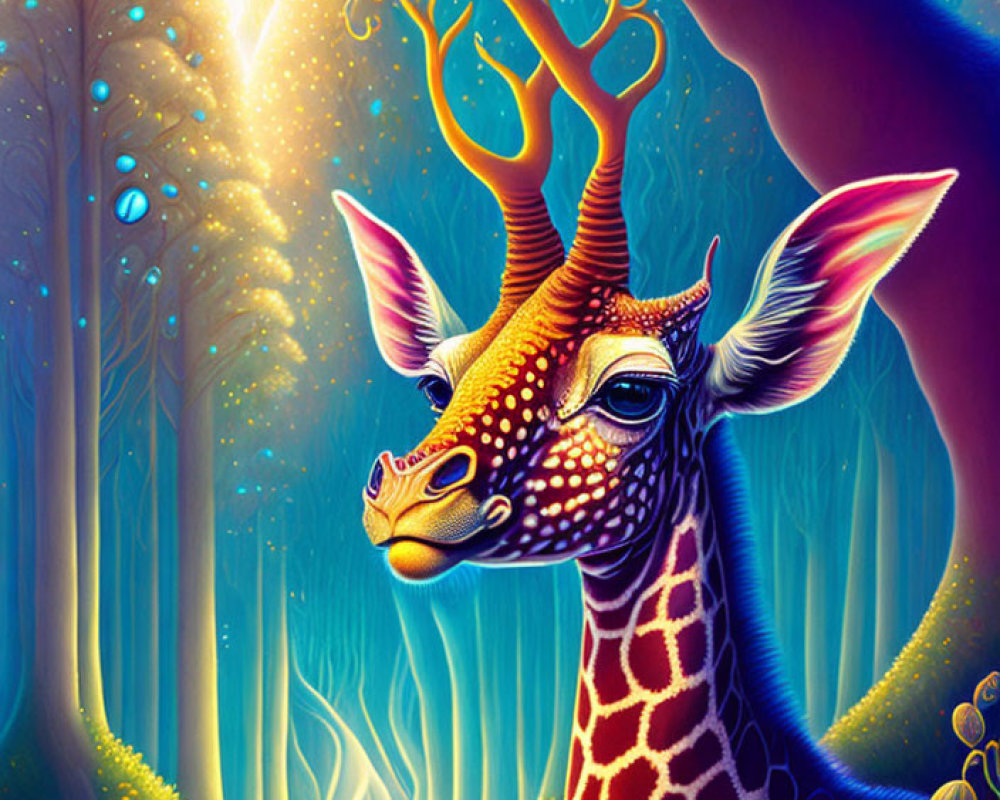 Colorful surreal giraffe illustration in mystical forest landscape