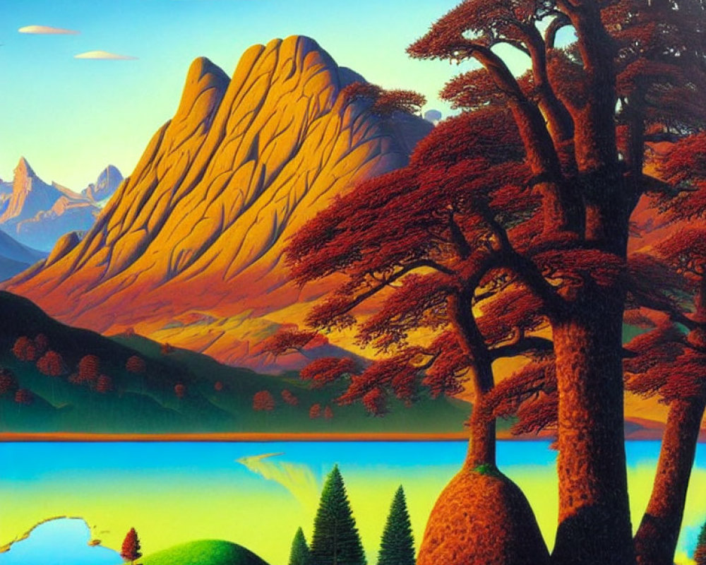 Colorful surreal landscape with red-leafed trees and golden rock formations.