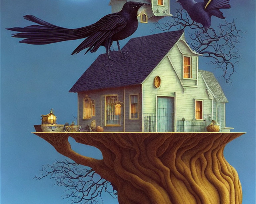 Cozy house on floating tree stump with crows at twilight