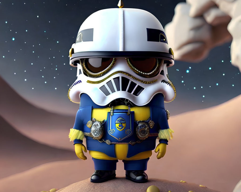 Stylized sci-fi trooper figurine on rocky surface under starry sky