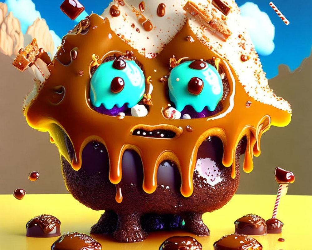 Chocolate Monster Cake with Caramel Drips and Sweet Toppings