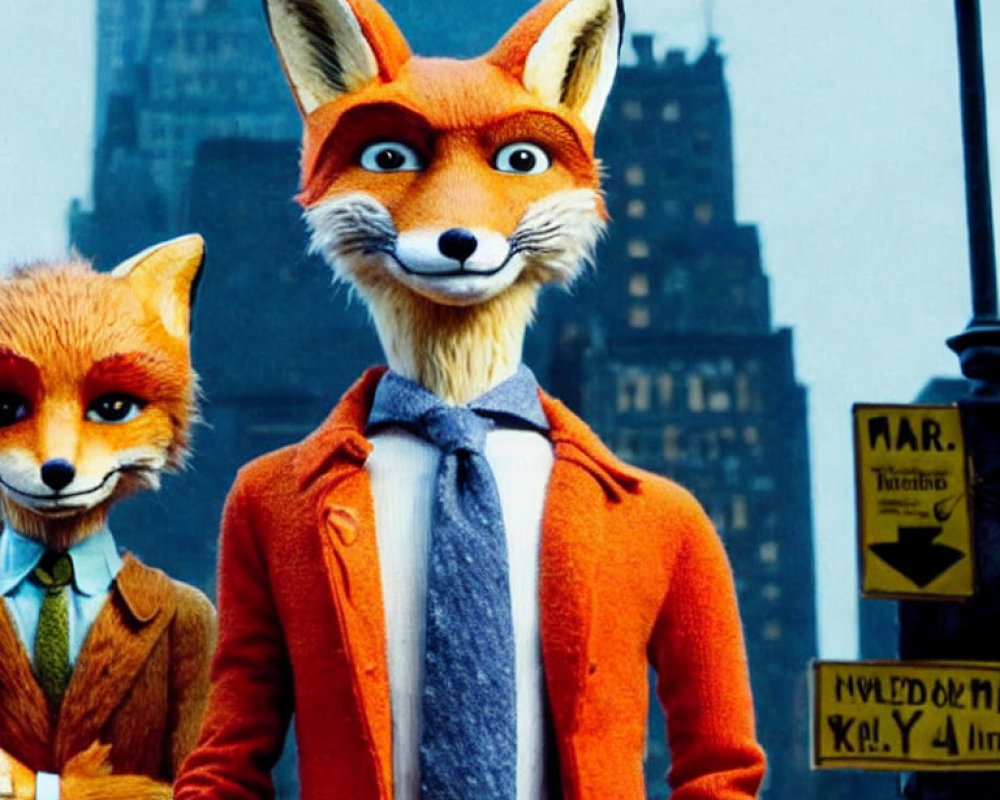 Anthropomorphic foxes in city setting with street sign