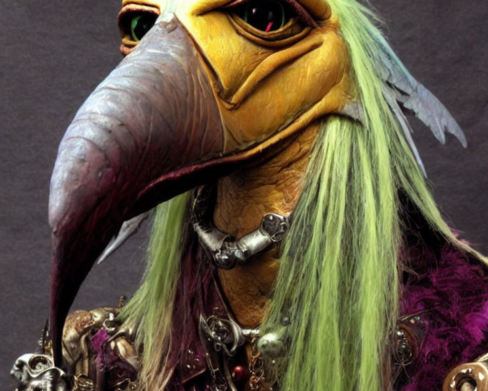 Detailed Fantasy Creature with Bird-Like Face and Green Hair in Purple Clothing