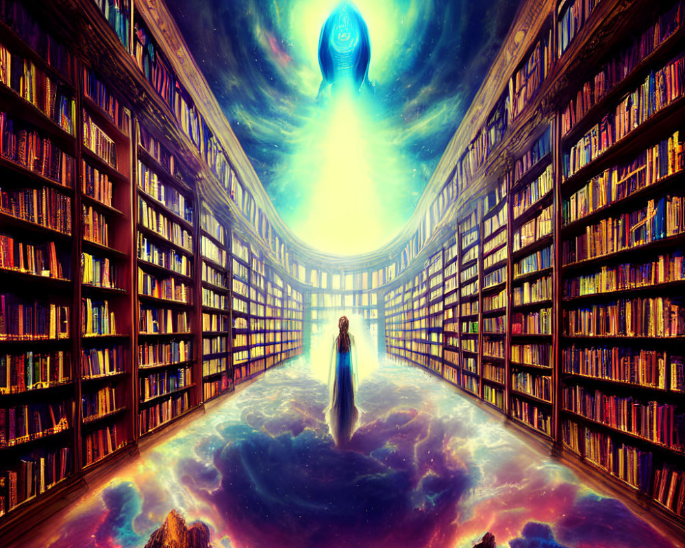 Person in robe in circular library under cosmic sky