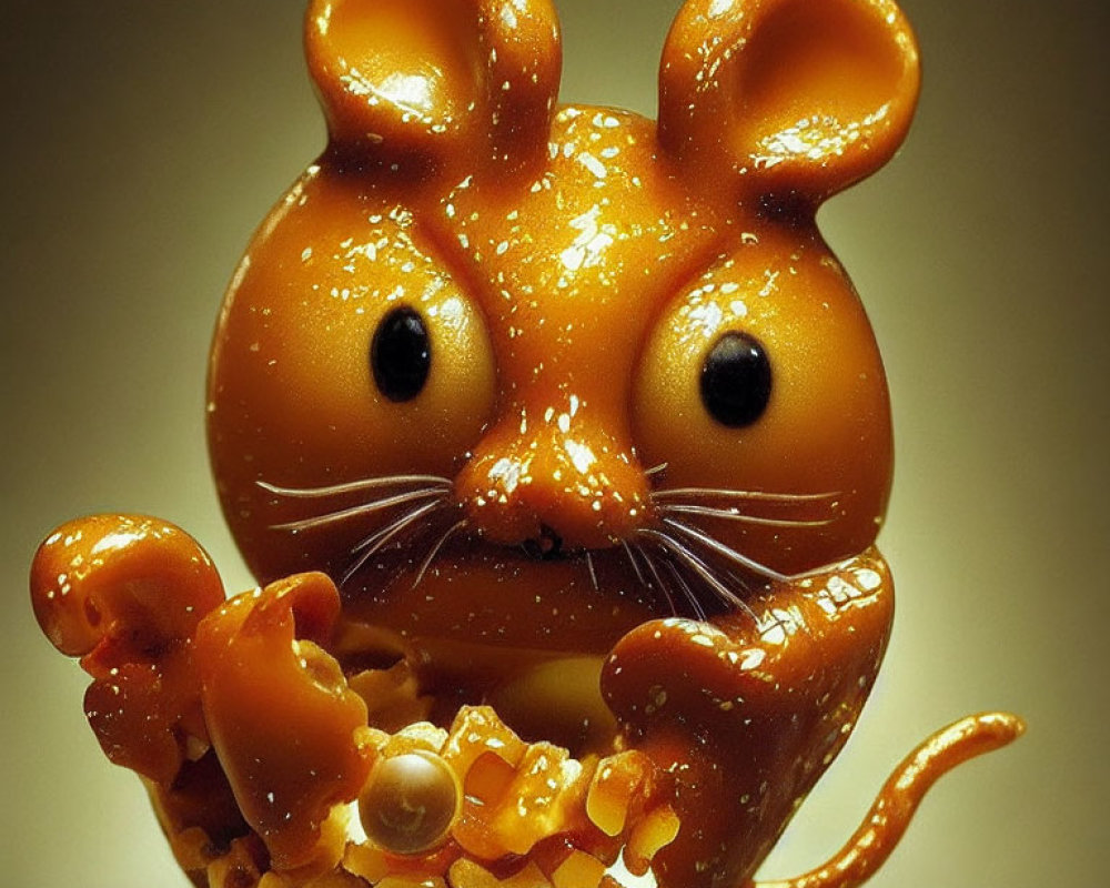 Amber-colored mouse figurine with black eyes and white bead encrustation