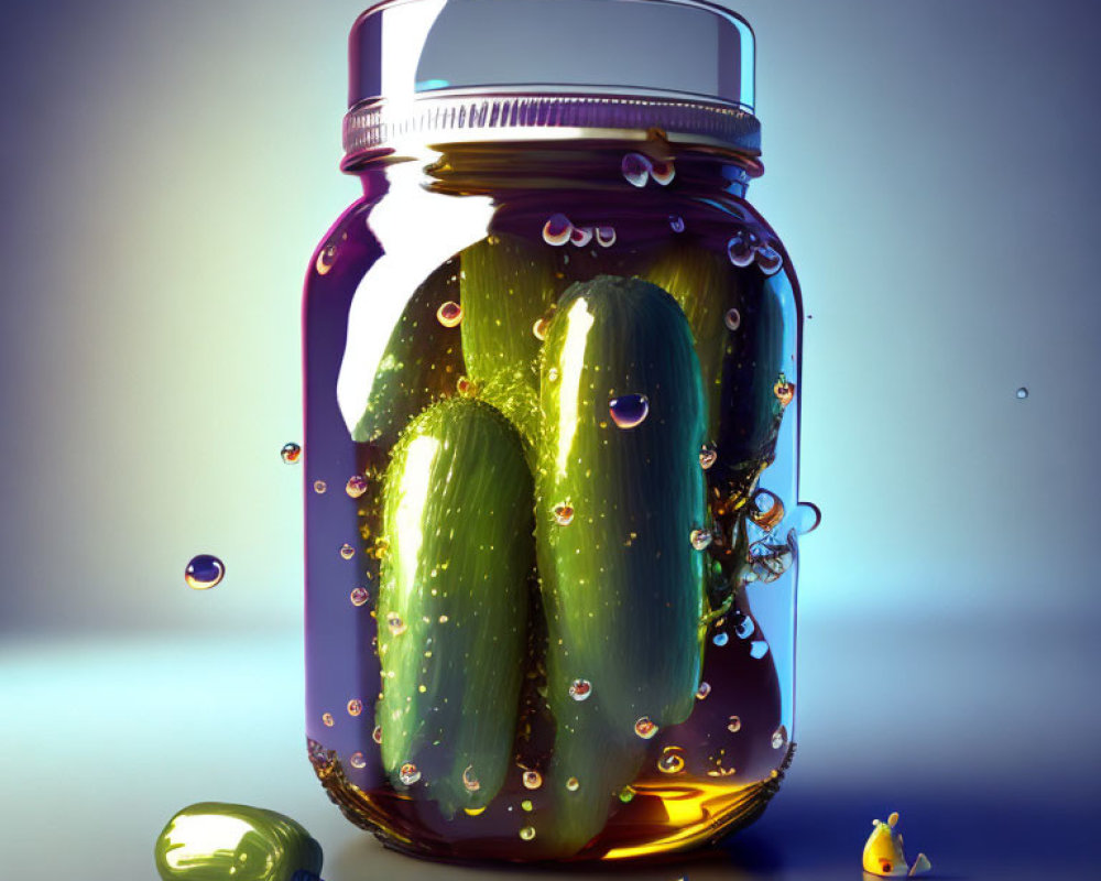 Jar of Green Pickles with Bubbles and Decorative Chicks