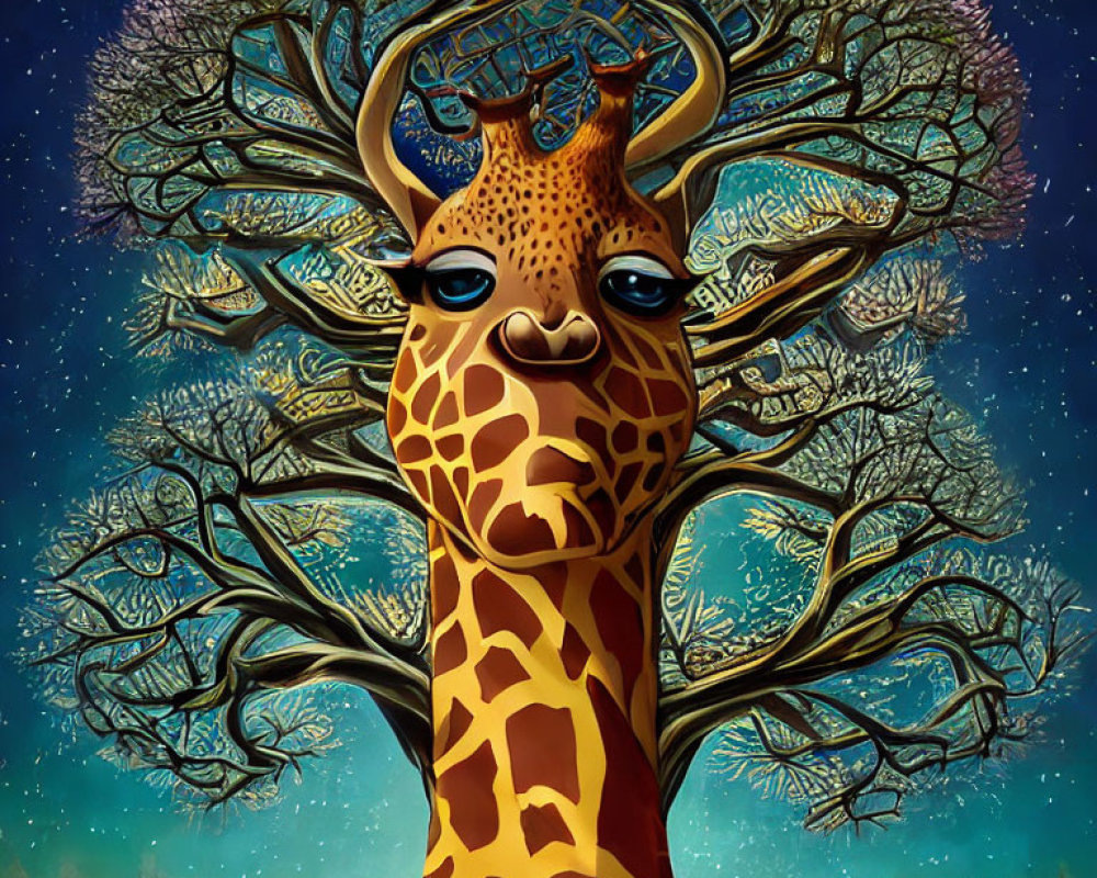 Surreal giraffe with tree horns under starry night sky