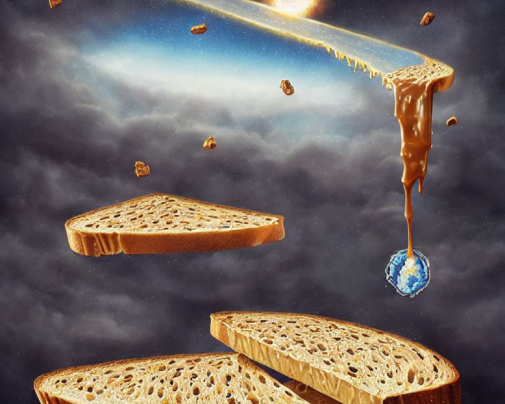 Surreal depiction of floating bread slices with caramel-dripping meteor and tiny Earth.