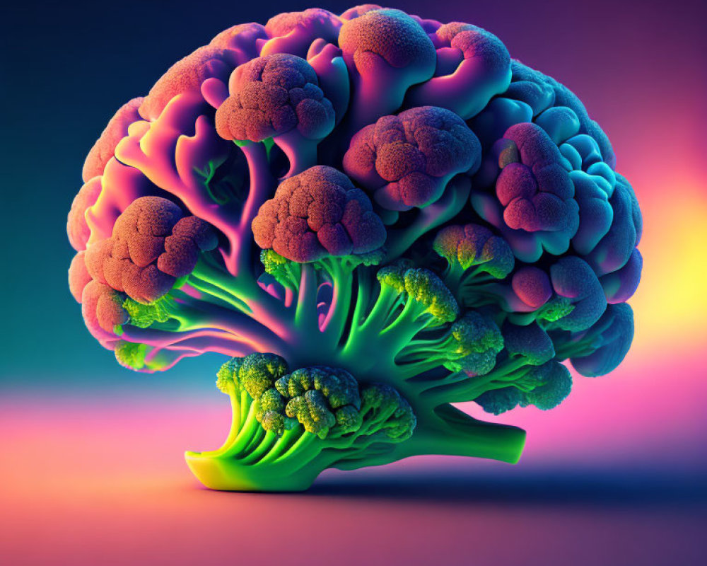 Vibrant digital artwork: broccoli brain on pink-blue gradient.