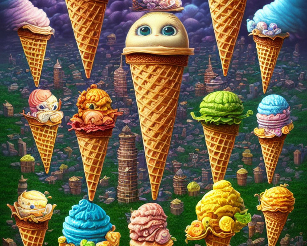 Whimsical ice cream cone artwork against cityscape backdrop