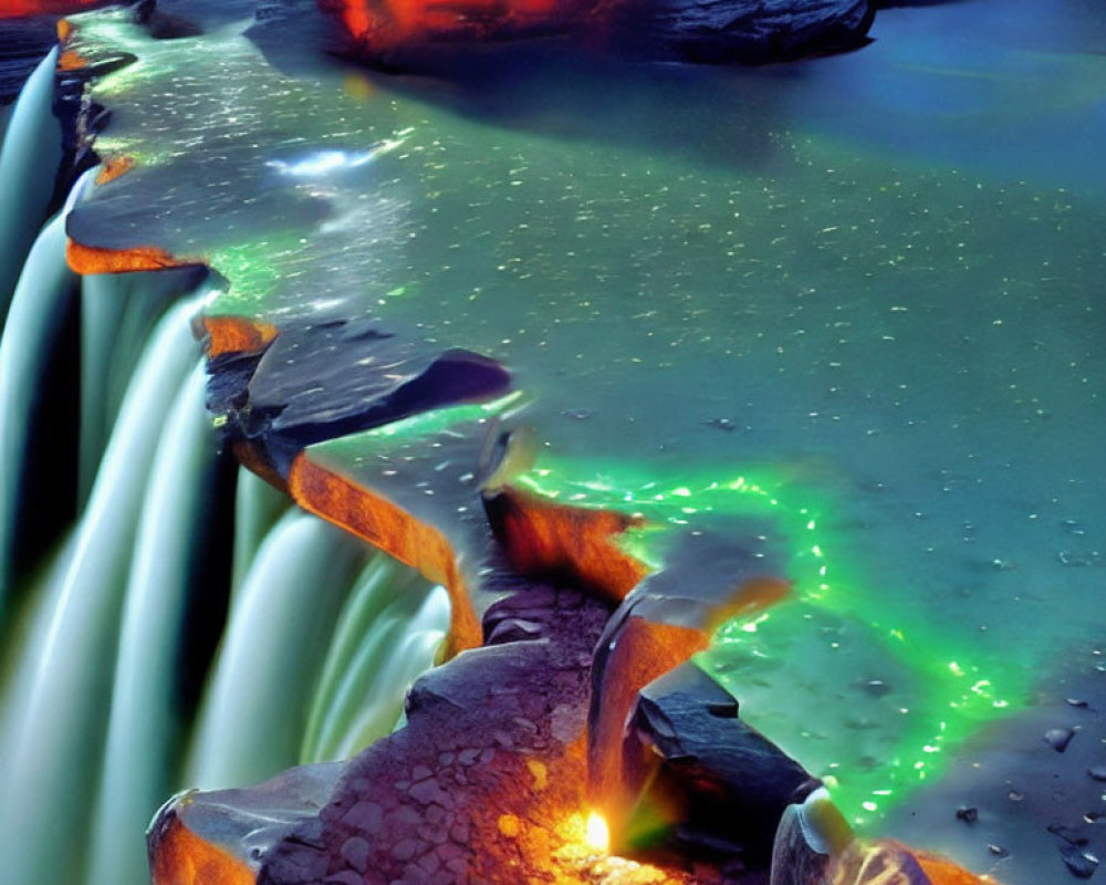 Vibrant neon waterfall in surreal landscape