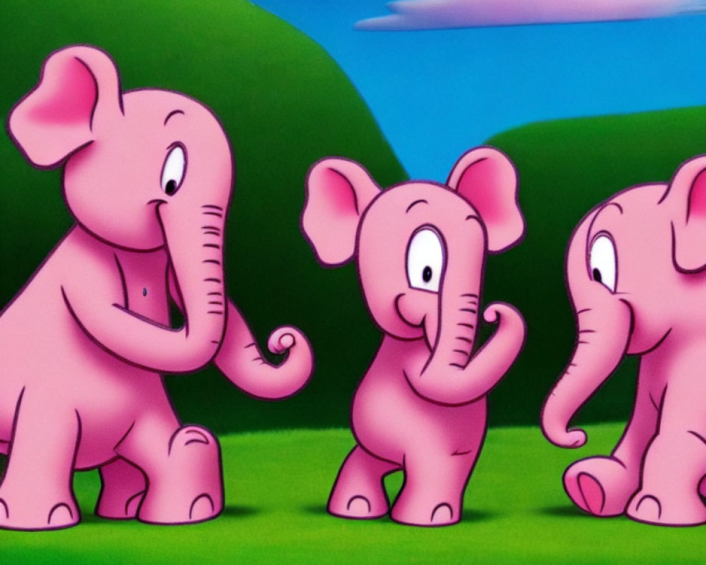 Three Smiling Pink Elephants on Grassy Landscape