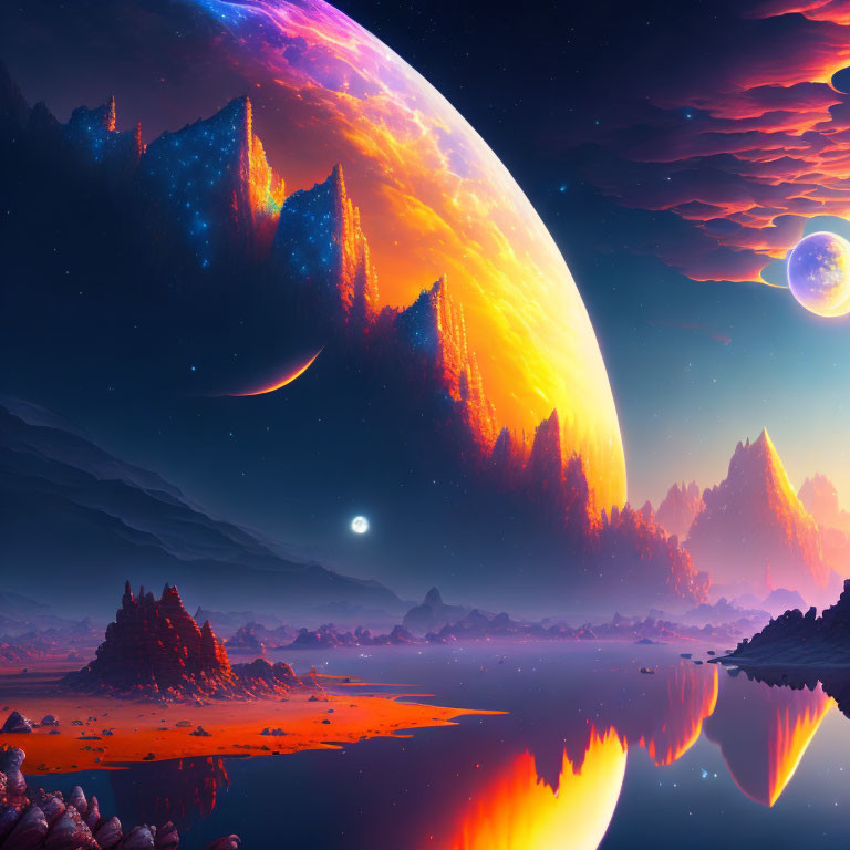 Surreal landscape with crystal formations and celestial bodies