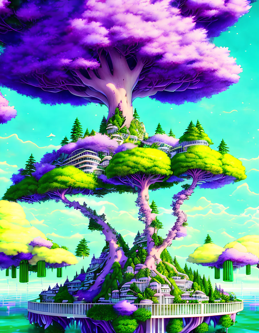 Vivid digital artwork: Massive tree structures with lush greenery and fantastical architecture