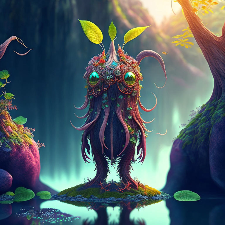 Whimsical creature with foliage and orbs in mystical forest