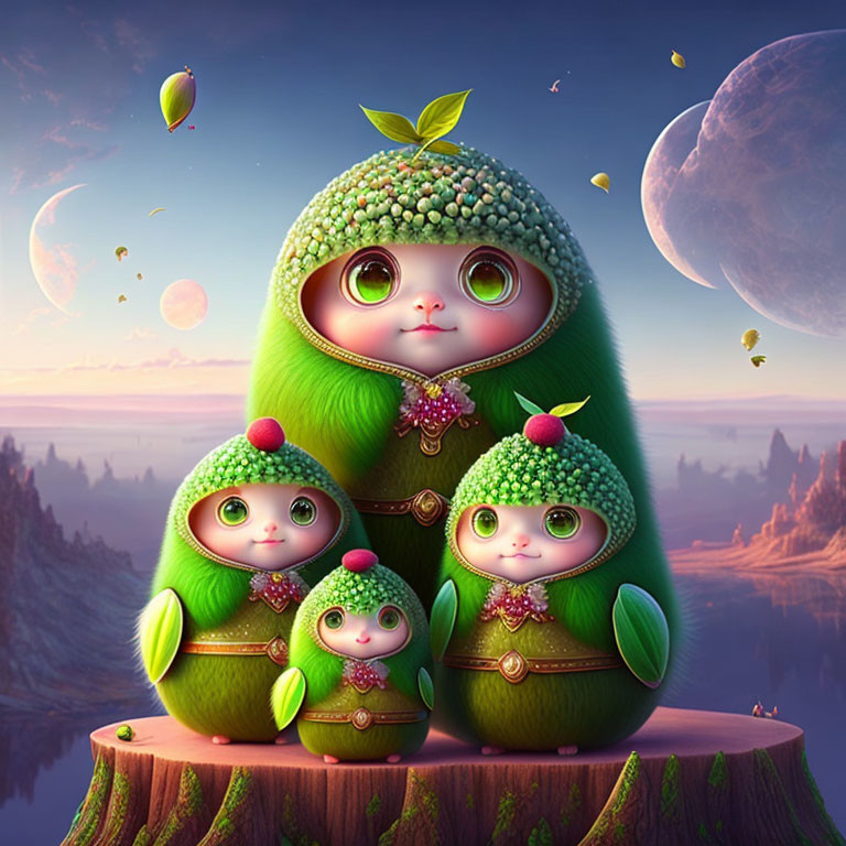 Whimsical matryoshka dolls with pea textures and serene expressions in fantasy landscape