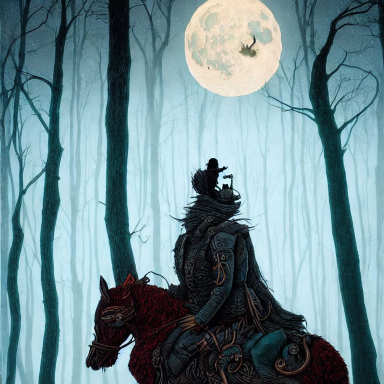 Knight on Red Horse in Dark Forest with Cat and Owl under Full Moon