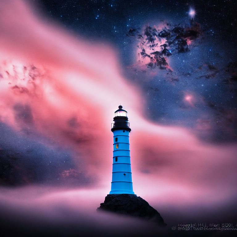 Dramatic night sky with striking lighthouse