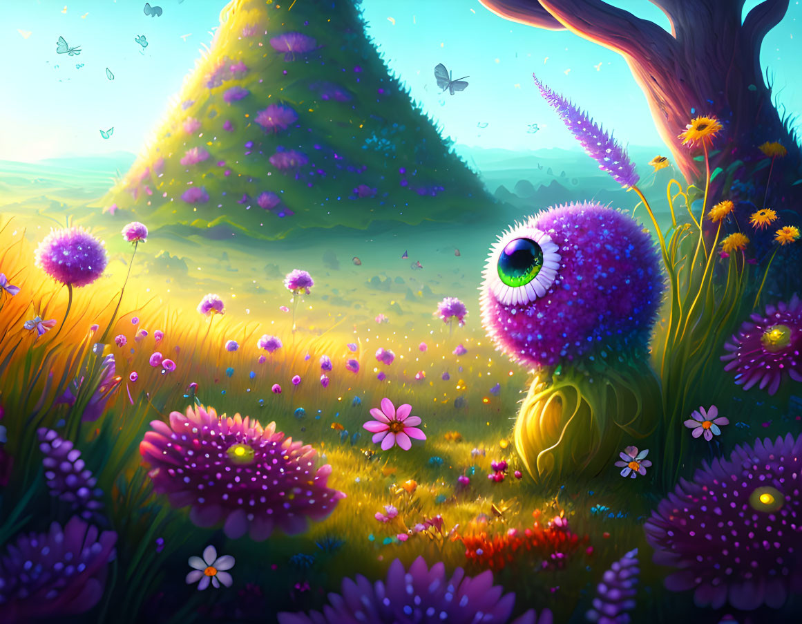 Colorful landscape with flowers, butterflies, and cute creature in sunny meadow